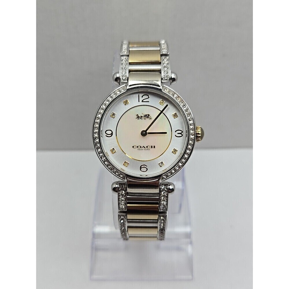 Coach Cary Two Tone Crystal Bezel Mother Of Pearl Watch New Battery Petite Small